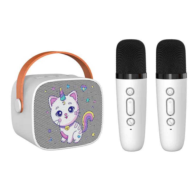 Mini karaoke machine for kids portable speaker with white body orange handle and unicorn cat design with two wireless microphones