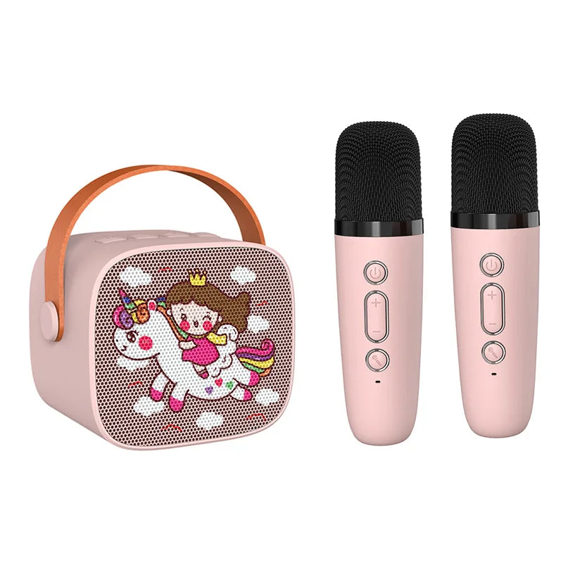 Pink unicorn-themed kids portable speaker with brown handle and cartoon design for mini karaoke machine with wireless microphone