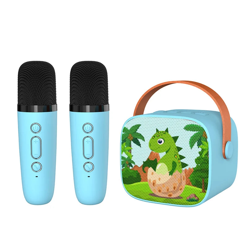 Light blue kids portable karaoke machine with 1-2 wireless microphones and dinosaur speaker for home party use