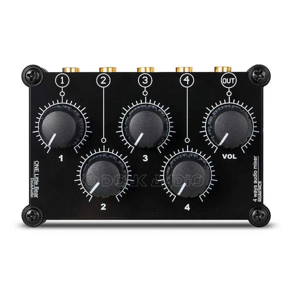 Black mini mc5 portable 4 channel audio mixer with gold-plated inputs and black rotary knobs for live studio console use