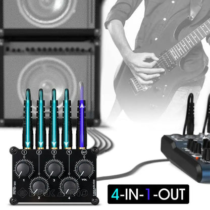Black mini mc5 portable 4 channel audio mixer with teal input jacks and purple output jack for live studio console use