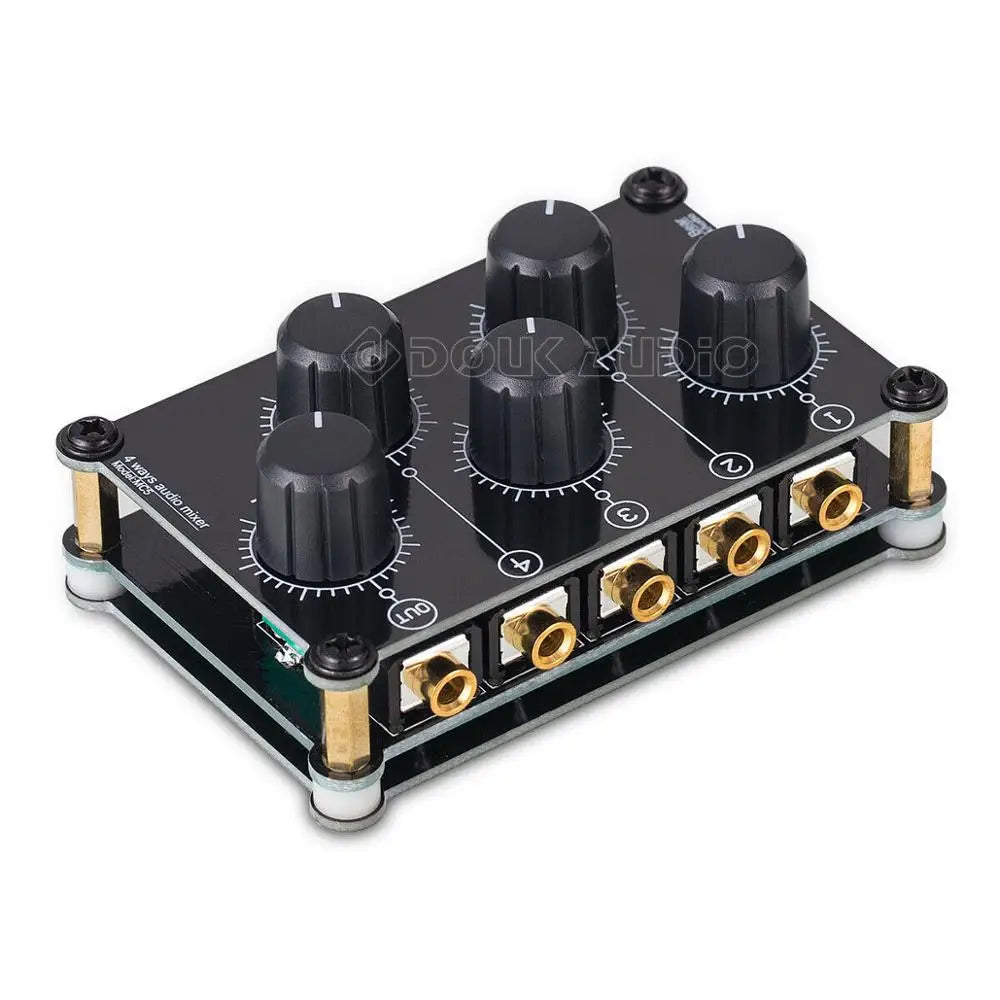 Black mini mc5 portable 4 channel audio mixer with six knobs and gold rca jacks for live studio console use