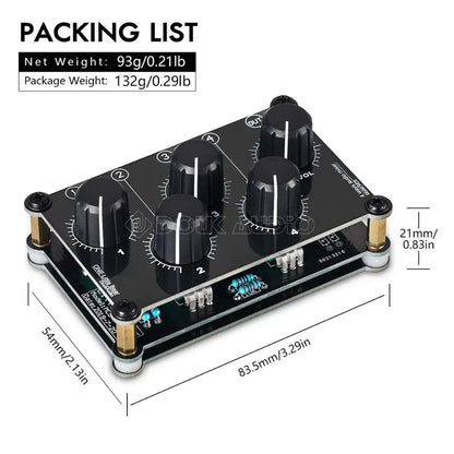 Black mini mc5 portable channel audio mixer with four black knobs and gold mounting posts for live studio console use