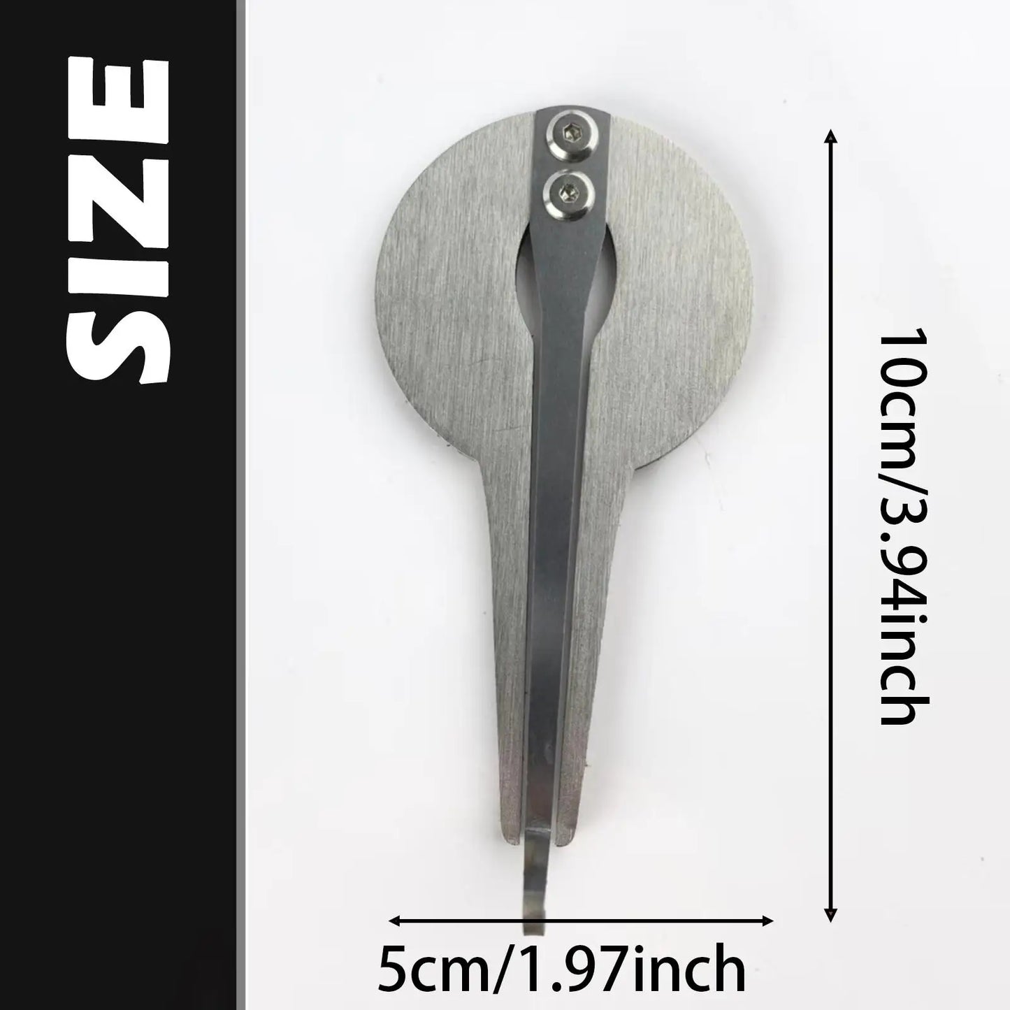 Silver metallic golf ball marker with circular head and two screws for jaw harp beginner and mouth music instrument use
