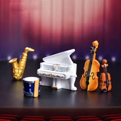 White miniature grand piano figurine with gold accents from miniature musical instruments piano drum violin set for decor