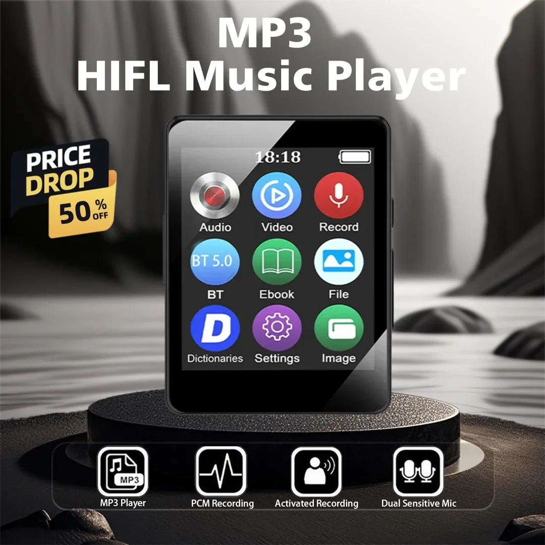 Black rectangular mini mp3 mp4 player bluetooth 5.0 with glossy screen showing colorful app icons and time 18 18 portable music player from beat music store