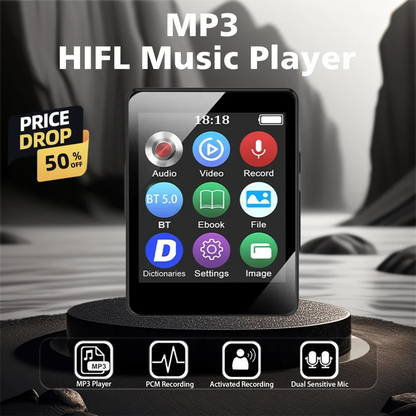 Black rectangular mini mp3 mp4 player bluetooth 5.0 with glossy screen showing colorful app icons and time 18 18 portable music player from beat music store
