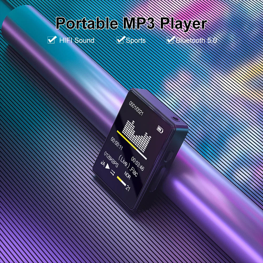 Black rectangular mini mp3 mp4 player bluetooth 5.0 with small screen and side buttons from beat music store portable music player