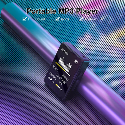 Black rectangular mini mp3 mp4 player bluetooth 5.0 with small screen and side buttons from beat music store portable music player