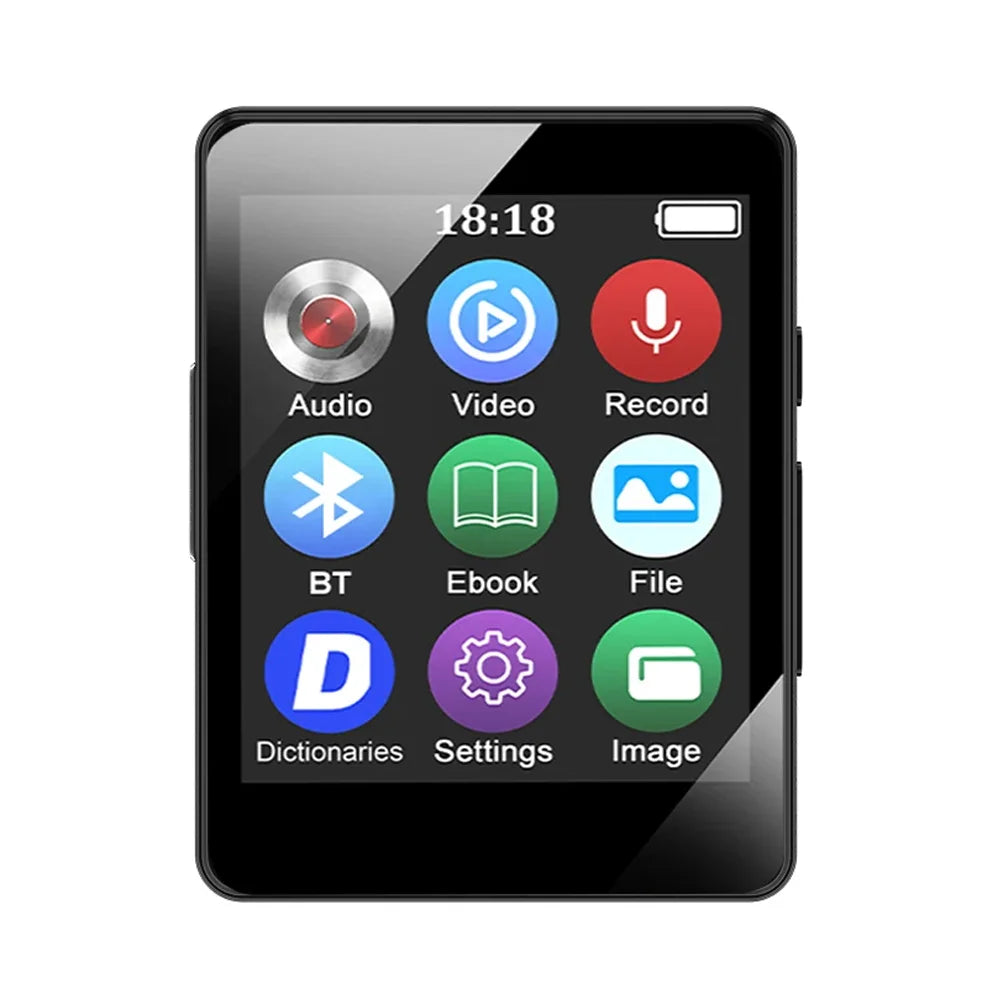 Black portable music player with 1.8-inch screen and bluetooth 5.0 displaying colorful app icons for beat music store use