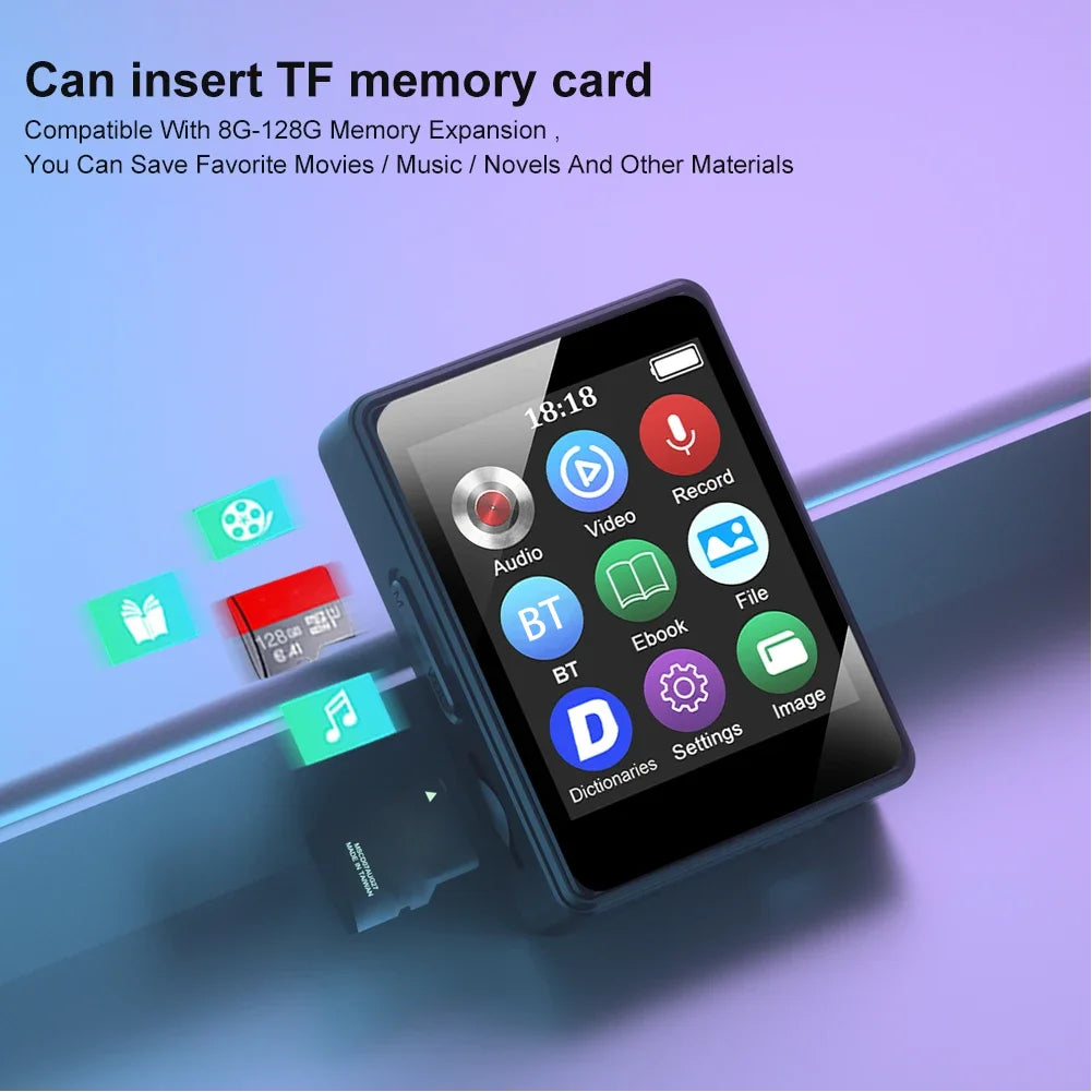 Black rectangular portable music player with 1.8-inch touchscreen display and tf card compatible mp4 player bluetooth