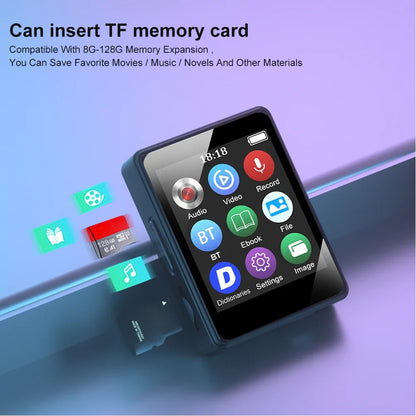 Black rectangular portable music player with 1.8-inch touchscreen display and tf card compatible mp4 player bluetooth