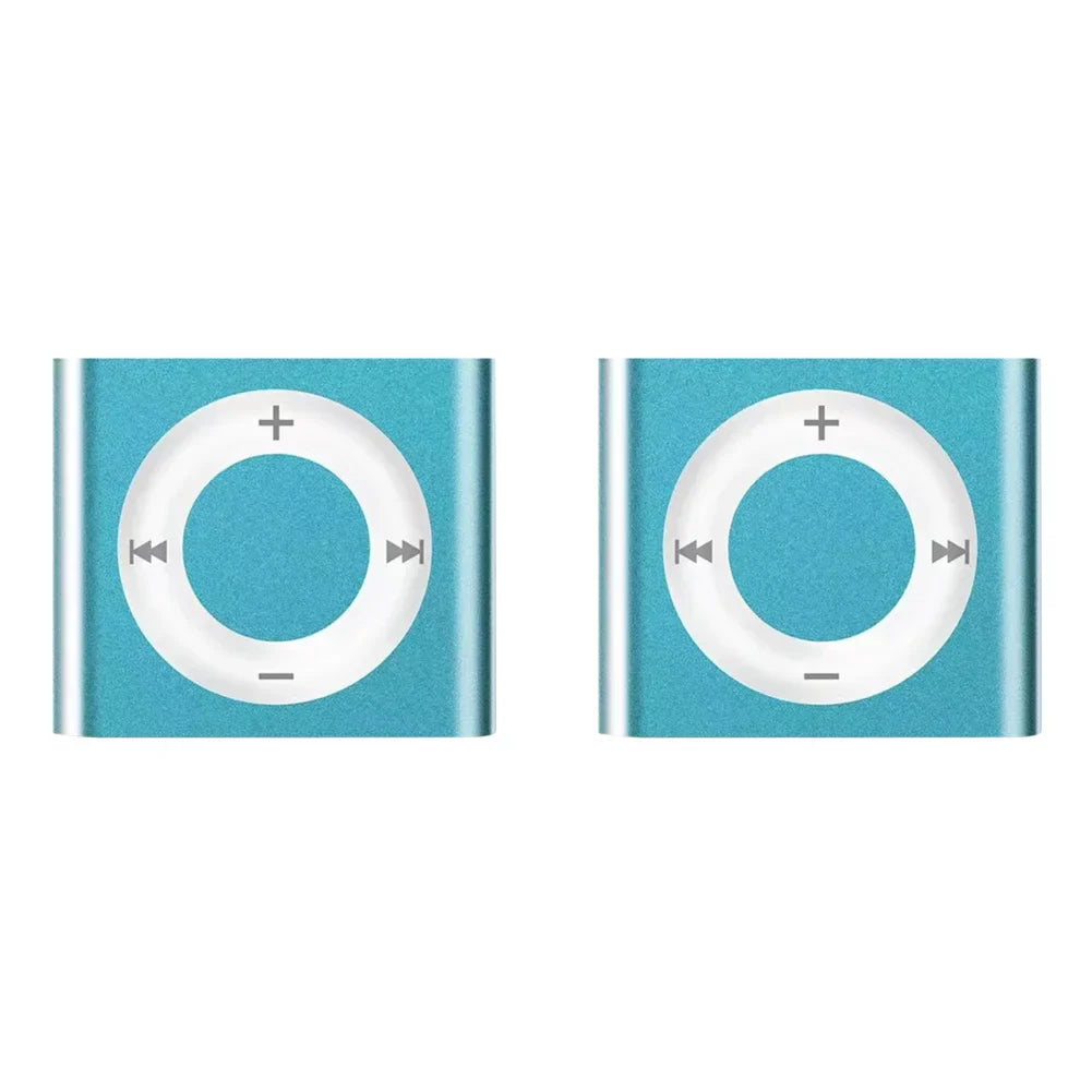 Two turquoise mini mp3 music players with metal clip-on and touch tone rechargeable support tf card and headphone use