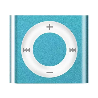 A sleek turquoise mini mp3 music player with brushed metal finish touch tone rechargeable and support tf card features