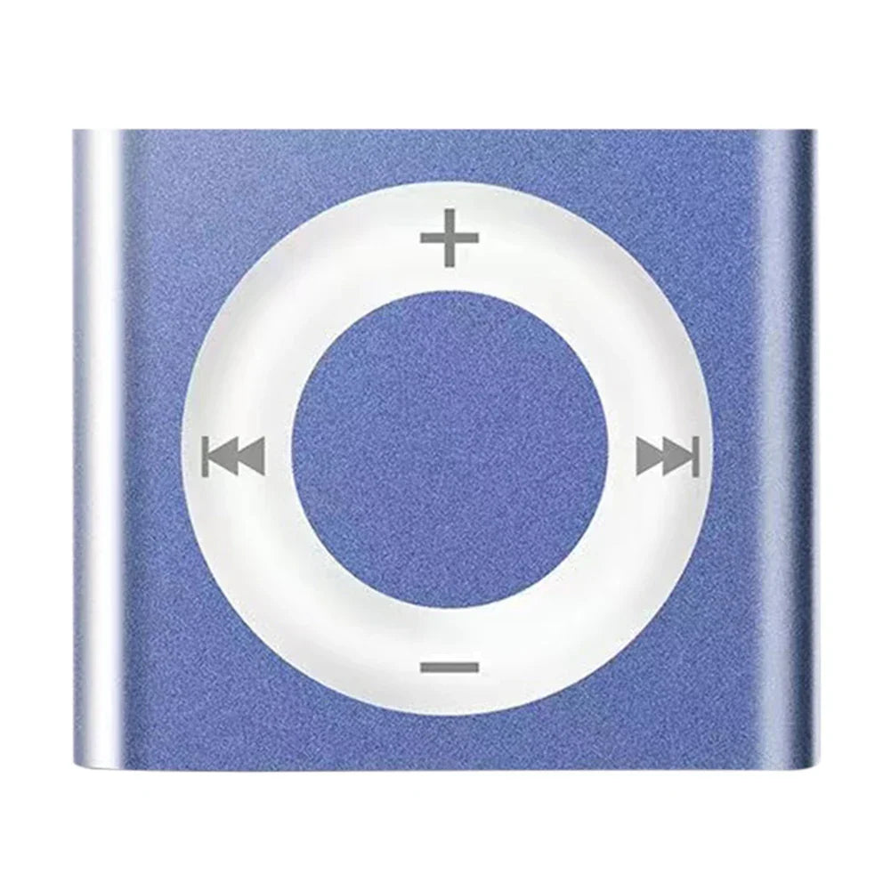 Blue metallic metal clip-on mini mp3 music player with circular white control dial and support tf card slot for 64g expansion