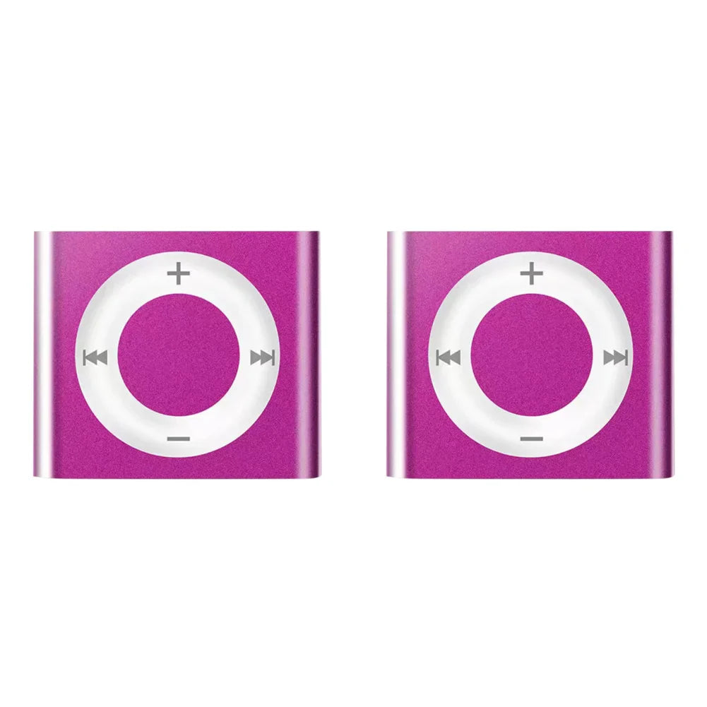 Two vibrant purple metal clip-on mini mp3 players with white buttons support tf card and 64g expansion