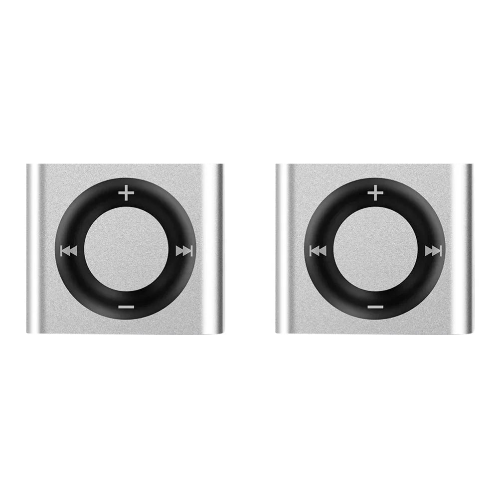 Two silver metal mini mp3 music players with touch tone rechargeable features and black buttons support tf card