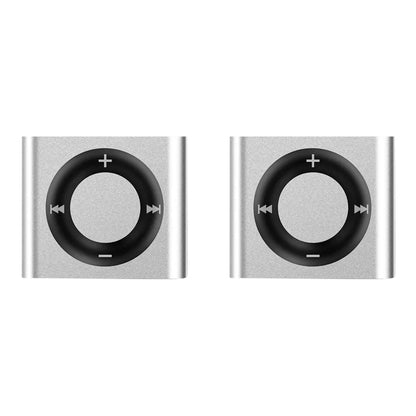 Two silver metal clip-on ipod shuffle mp3 players with black control buttons support tf card and 64g expansion