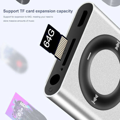 Silver metallic mini mp3 music player with circular black dial support tf card touch tone rechargeable design