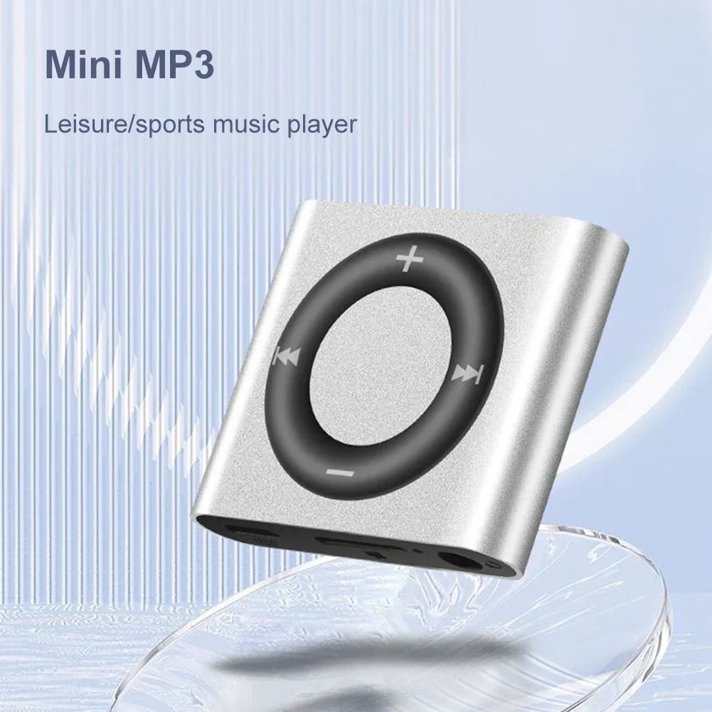 Silver rectangular mini mp3 music player with touch tone rechargeable black control pad and support tf card slot