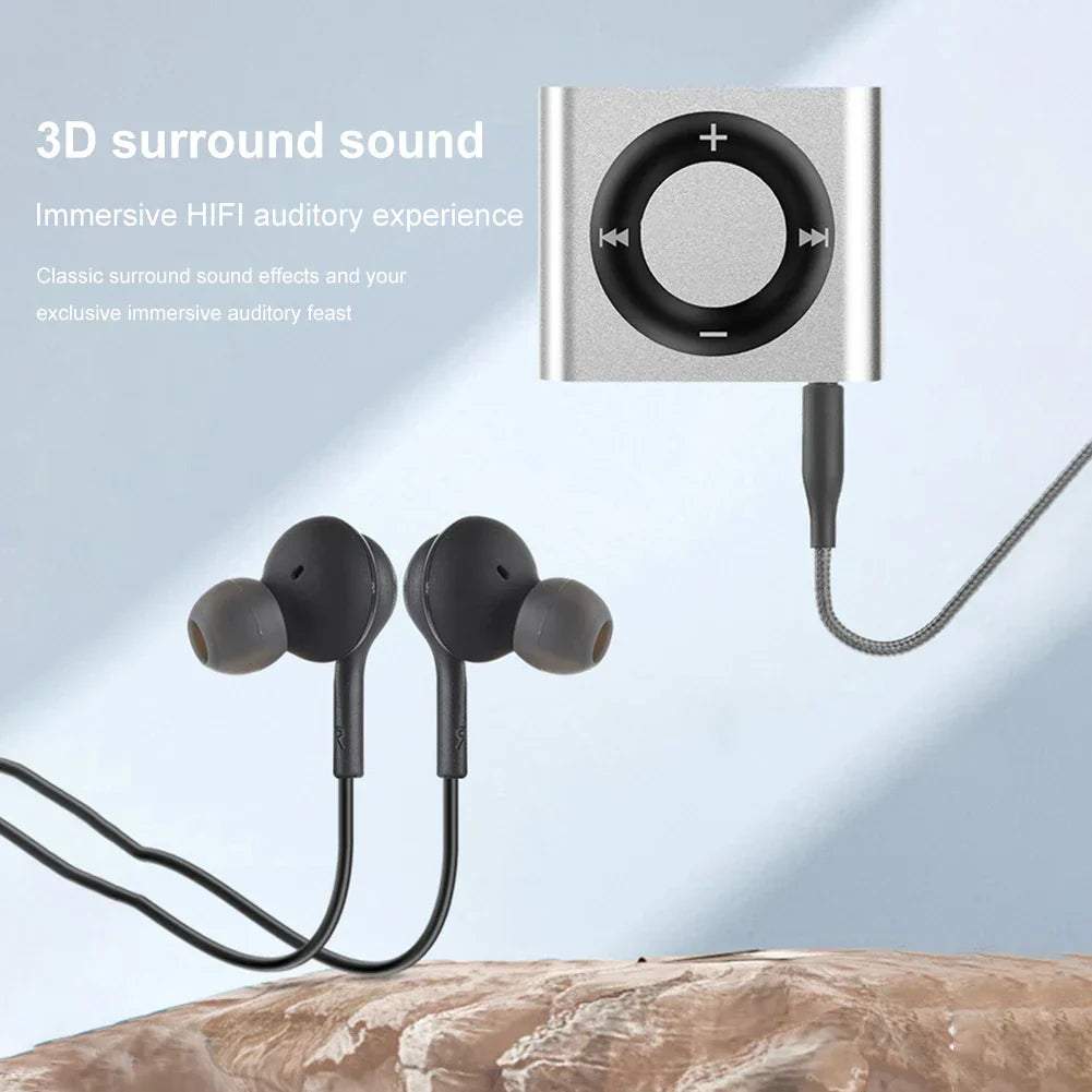 Silver metal clip-on mp3 music player with black circular control pad support tf card and 64g expansion with headphones