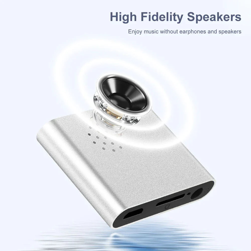 Silver rectangular mini mp3 music player with metal clip, touch tone rechargeable speaker and support tf card ports