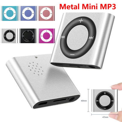 Silver metal mini mp3 music player with circular black touch tone rechargeable control dial and support tf card features