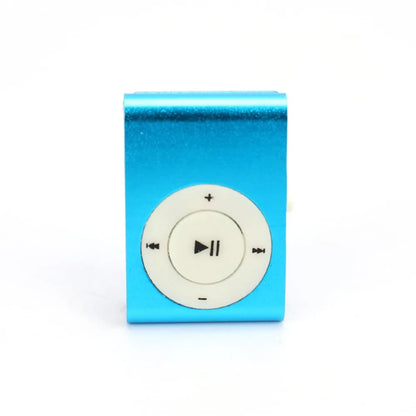 Blue metallic mini mp3 player with clip style and circular white control pad featuring black playback icons supports tf card