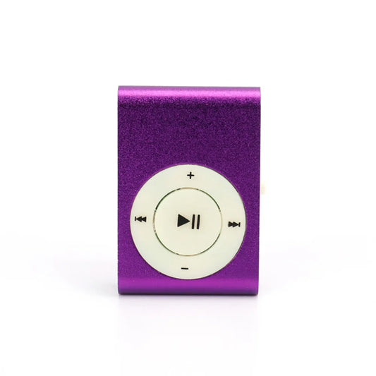 Purple metallic mini mp3 player with circular white control pad featuring black playback buttons support tf card stylish design fashionable