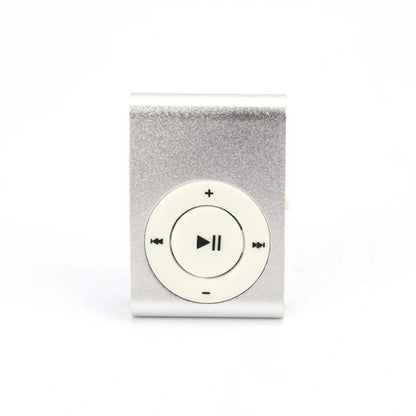 Silver metallic mini mp3 player with circular white control pad features stylish design and support tf card functionality