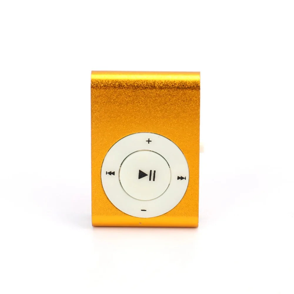 Gold-colored mini mp3 player with white circular control pad featuring black playback buttons support tf card stylish design fashionable