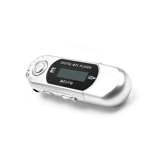 Silver metallic mini mp3 player with black display panel featuring automatic shutdown and high quality sound