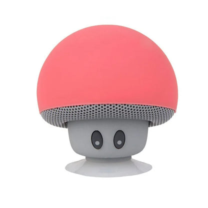 Pink mini mushroom wireless bluetooth speaker with gray stem black eyes mic portable waterproof shower stereo subwoofer