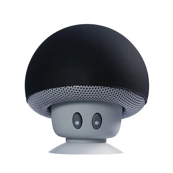 Black and gray mini mushroom wireless speaker with perforated cap round eyes and suction cup base mic portable waterproof shower stereo subwoofer