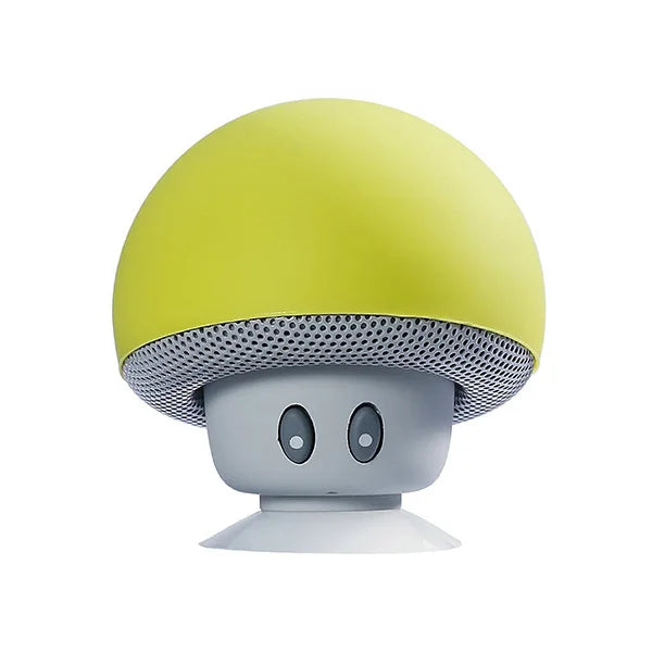A cute lime-green mini mushroom wireless speaker with gray base and perforated cap mic portable waterproof shower stereo subwoofer