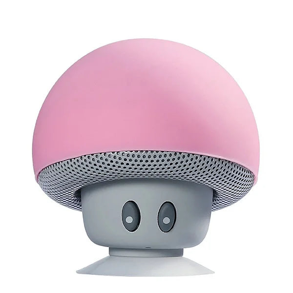 Pink mini mushroom wireless speaker with gray stem perforated cap mic portable waterproof shower stereo subwoofer