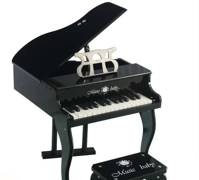 Black glossy wooden mini piano 30keys with white and black keys, silver music stand, and matching stool for children toy use