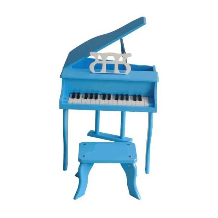 Bright blue wooden mini piano 30keys with black and white keys and matching stool for children piano toy
