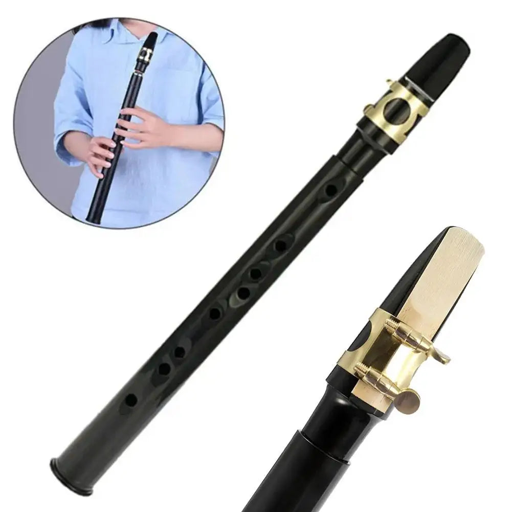 Black plastic soprano recorder with gold metal keys and matching mouthpiece for mini pocket saxophone c key woodwind musical instrument