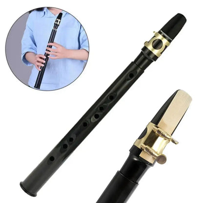Black plastic soprano recorder with gold metal keys and matching mouthpiece for mini pocket saxophone c key woodwind musical instrument
