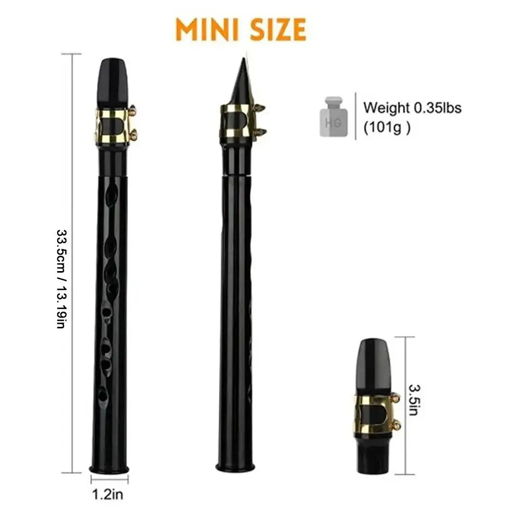 Black mini pocket saxophone c key woodwind musical instrument with gold key mechanisms and finger holes in portable design