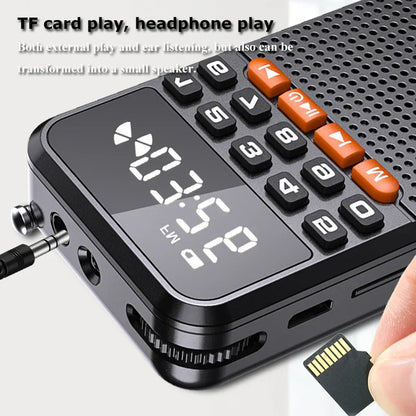 Black compact mini portable bluetooth 5.0 speaker with radio dual antenna, pocket radio receiver, and tf card slot