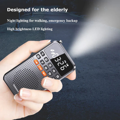 Black and orange mini portable bluetooth 5.0 pocket radio receiver with dual antenna speaker tf card and led night light