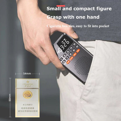 Compact black and orange mini portable bluetooth 5.0 radio dual antenna pocket radio receiver with speaker tf card and digital display