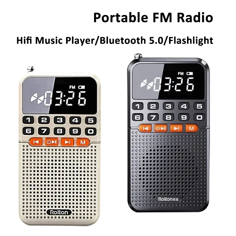 Two mini portable fm radios in cream and black plastic with orange buttons featuring radio dual antenna and speaker tf card