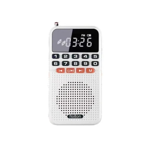 White rollon mini portable bluetooth 5.0 fm radio with radio dual antenna numeric keypad and speaker tf card slot