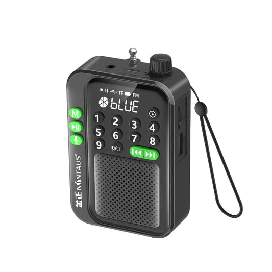 Black plastic portable fm radio with green buttons and digital display showing blue is a wireless bluetooth speaker and music mp3 player