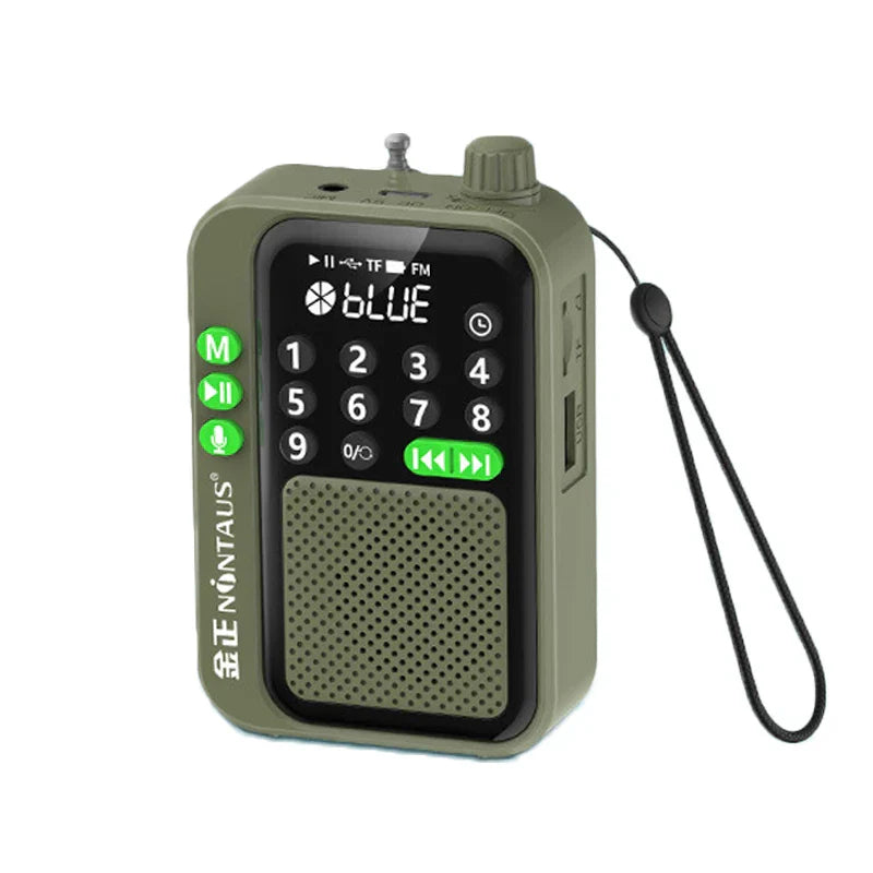 Olive green portable fm radio with illuminated buttons and bluetooth speaker features hd recording and music mp3 player support