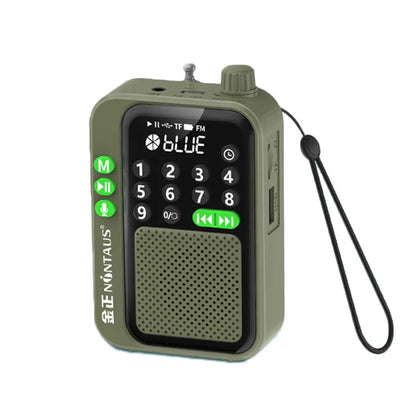 Olive green portable fm radio with illuminated buttons and bluetooth speaker features hd recording and music mp3 player support
