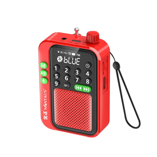 Red plastic portable fm radio with black keypad green buttons and wrist strap wireless bluetooth speaker music mp3 player